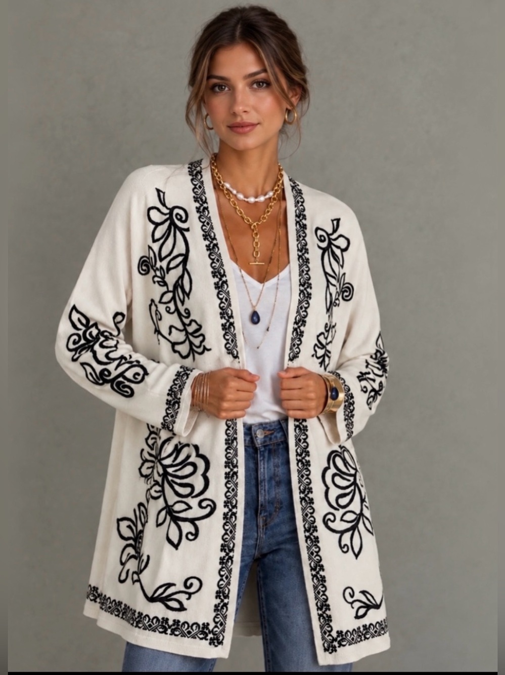 New🌺$468JohnnyWas The Drape Cardigan Ivory Black 100% Merino Wool Embroidered XL